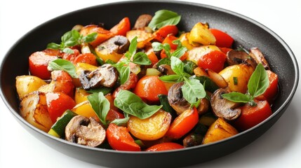 Close-up of a fresh vegetable stir-fry in a frying pan, isolated on white background