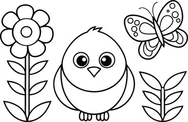 Cute Bird with Flowers Butterfly Outline Spring Design on Transparent Background