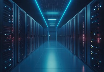 Futuristic server room with glowing blue lights and rows of high-performance racks, ideal for technology presentations, cybersecurity topics, and IT infrastructure designs