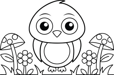 Outline Drawing of Cute Bird with Flowers, Mushrooms on Transparent Background