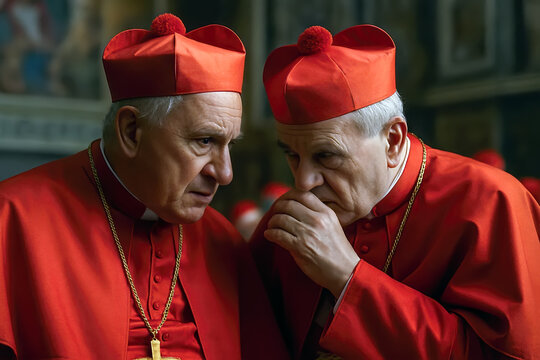 Two catholic cardinals in red vestments engage in a discreet and serious conversation during a secretive conclave session