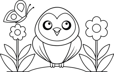 Outline Cartoon Owl Butterfly Flowers Border on Transparent Background