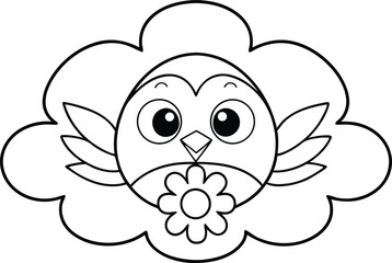 Cute Outline Owl Inside Cloud Holding a Flower for Coloring on Transparent Background