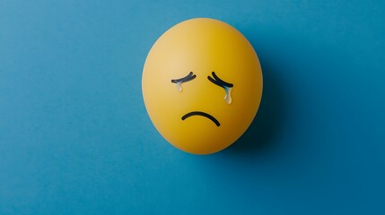 Fototapeta premium Sad yellow sphere with drawn crying face on blue background