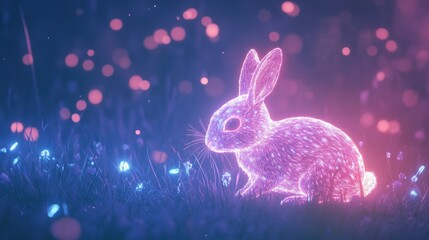 Neon Rabbit in a Dreamlike Field: A Mystical Digital Painting