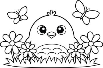 Cute Chick Outline Surrounded by Flowers and Butterflies on White Background