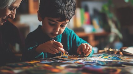 Child's Focused Creativity: A Warm, Artistic Moment of Colorful Craft