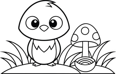 Standing Chick Outline Drawing on Hill with Mushroom and Grass on White Background