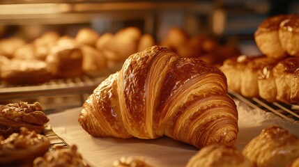 A golden, freshly baked croissant surrounded by other pastries in a bakery setting.