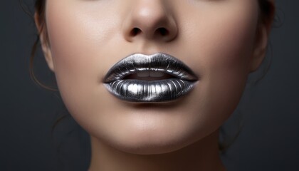 Fototapeta premium Close-up of a Woman's Lips with Striking Metallic Silver Lipstick - Bold Makeup Look