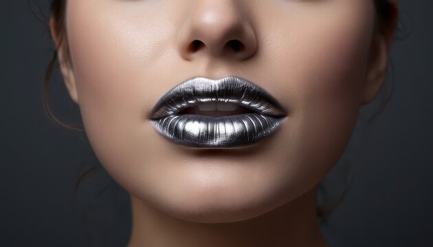 Close-up of a Woman's Lips with Striking Metallic Silver Lipstick - Bold Makeup Look - Powered by Adobe
