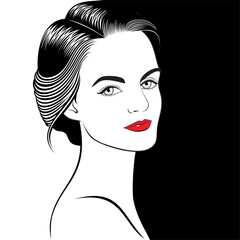 Vector drawing of outline three-quarter view female face, illustration on white and black background.