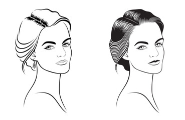 Vector set of outline three-quarter view female faces, isolated, illustration on white background.