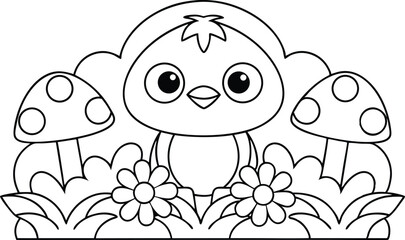 Cute contour chick standing near mushrooms and flowers in a outlined drawing