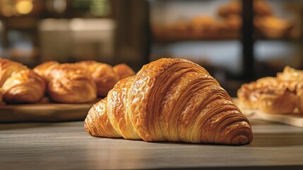 A golden, freshly baked croissant surrounded by other pastries in a bakery setting.