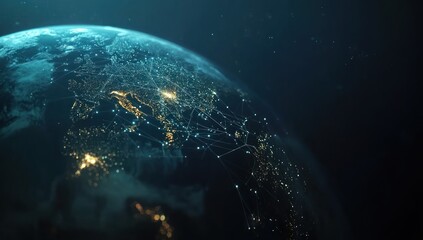 Obraz premium Earth from space showing city lights at night against a dark background.