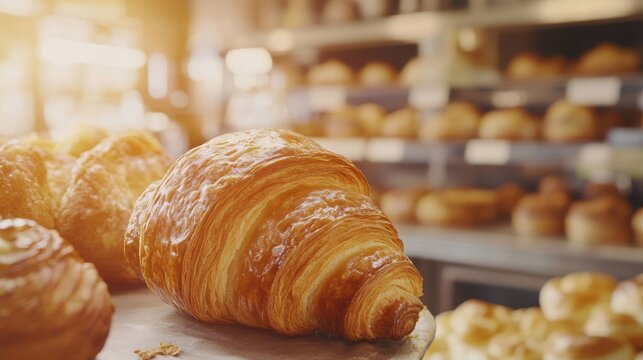 A golden, freshly baked croissant surrounded by other pastries in a bakery setting.