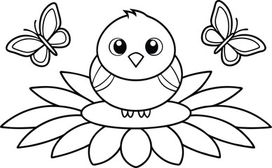 Monochrome chick sitting on flower with outlined butterfly elements around it