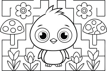 Cute Bird Surrounded by Flowers and Mushroom in Linear Style on White Background