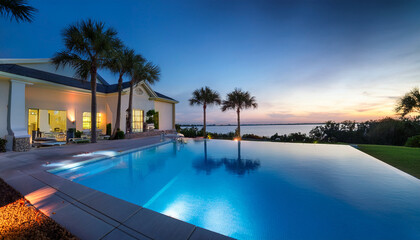modern luxury florida home with large pool fire pit white stucco walls blue led lights and lake view with palm trees