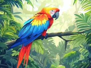 Fototapeta premium Colorful macaw perched on branch in lush tropical jungle close-up view