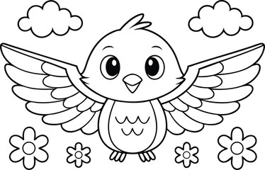 Cute Outline Cartoon Bird Flying with Flowers and Clouds on Transparent Background