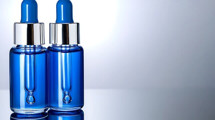 Two blue glass dropper bottles with silver caps reflect on a surface