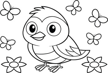Bird Black Outline with Butterflies and Flowers on White Background Design