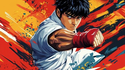 Obraz premium A handsome anime martial artist strikes a dynamic karate pose, showcasing his strength and discipline.