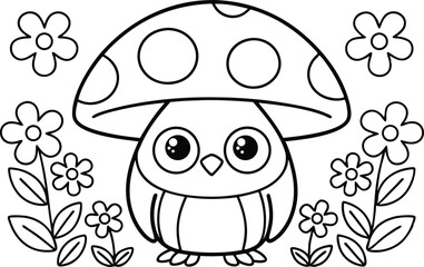 Cute Owl Under Mushroom with Flowers Black Line Drawing on White Background