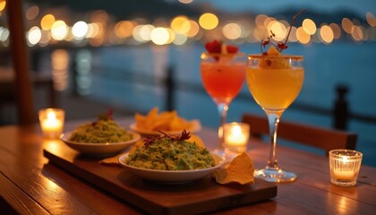 Obraz premium Romantic waterfront dinner with cocktails, guacamole, tortilla chips, city lights at night. Table setting with drinks, food, candles. Evening date, vacation, travel, celebration with delicious