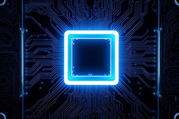 Abstract blue glowing circuit board background with copy space at center