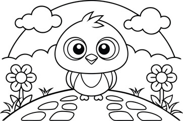 Outline chick on hill with flowers and rainbow clouds for coloring book
