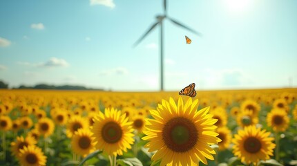 A field of sunflowers with a lone wind turbine in the center, with butterflies hovering around, against a bright summer sky. Harmony of nature and technology (wind energy nature, sustainable landscape