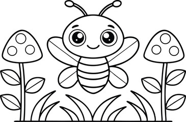 Cartoon Honeybee with Mushrooms and Grass in Black Outline on Transparent Background