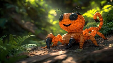 Cute orange creature sits on forest ground, sunlight shines through foliage