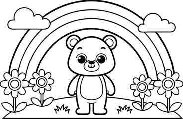 Black lined bear with rainbow, clouds, flower design on transparent background
