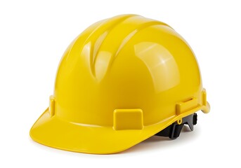 Fototapeta premium A yellow hard hat is displayed on a white background with visible details and smooth surface texture
