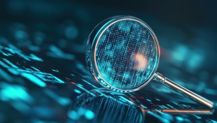 Magnifying glass over abstract blue digital pattern suggesting data analysis or investigation.