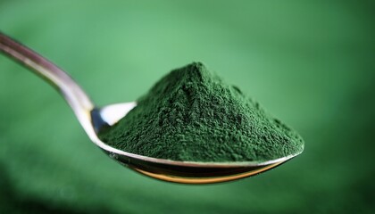 chlorella or spirulina algae green powder in spoon with circle rotation close up dietary supplement to improve health seaweed superfood healthy food background vitamins and minerals to diet detox