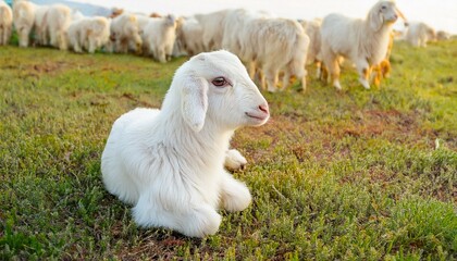 Obraz premium Sheeps in a meadow on green grass at blue sky. Little sheep baby. 