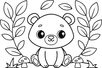 Outlined Cute Bear Sitting Surrounded by Leaves and Mushroom on Transparent Background