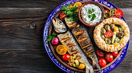 Grilled fish, vegetables, and creamy dip served on a decorative platter