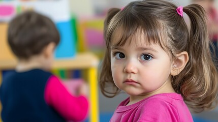 Obraz premium A toddler girl with serious expression, in a playful setting, slightly blurred background