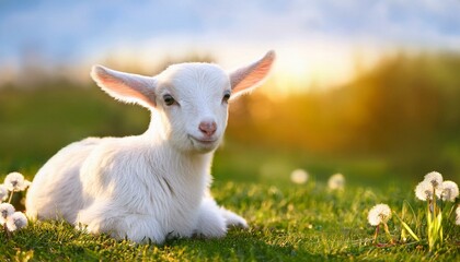 Obraz premium Little sheep baby. Sheeps in a meadow on green grass at blue sky. 