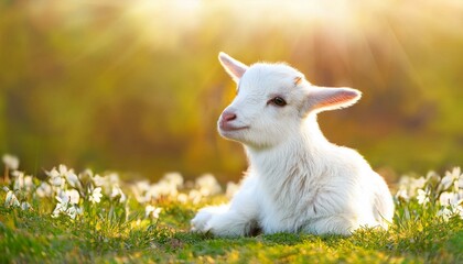 Obraz premium Sheeps in a meadow on green grass at blue sky. Little sheep baby. 