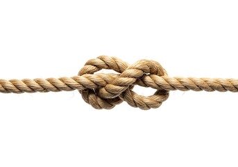 Fototapeta premium Close up of a tan rope tied in a knot against a white background in a studio setting and even lighting