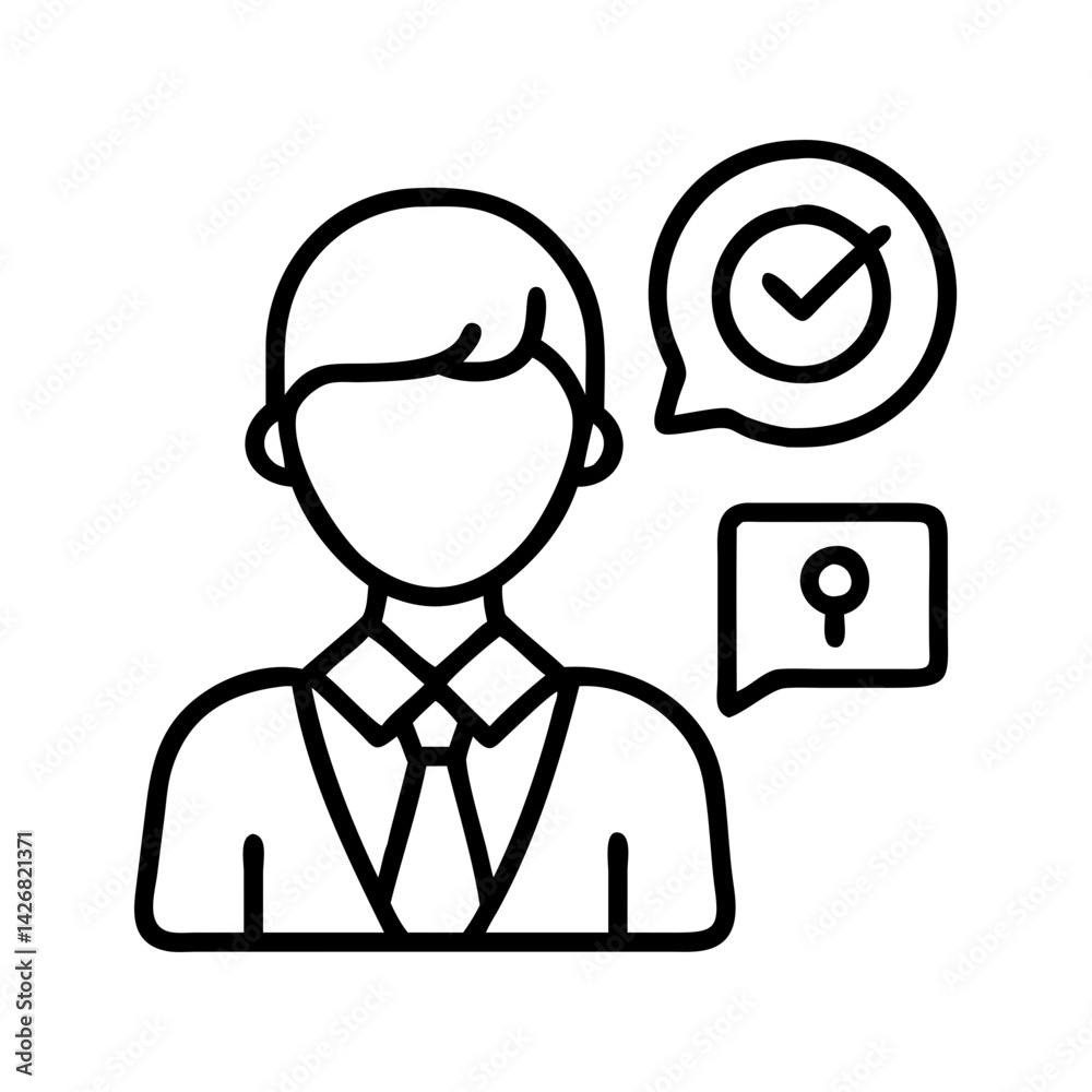 Poster man employee worker with check mark approval and query search icon in speech bubble outline art