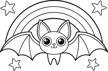Cute Bat with Rainbow and Stars Outline for Coloring Book Page