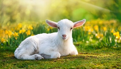 Obraz premium Little sheep baby. Sheeps in a meadow on green grass at blue sky